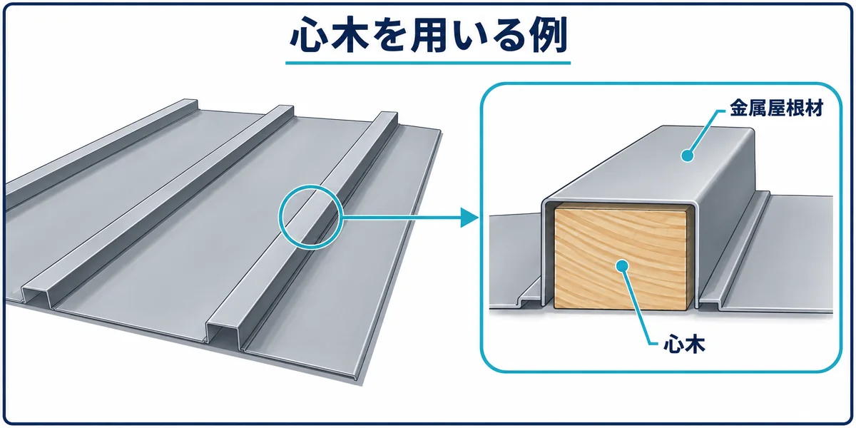 心木を用いる瓦棒葺きの一例として金属屋根材と内部の心木を示す概念図