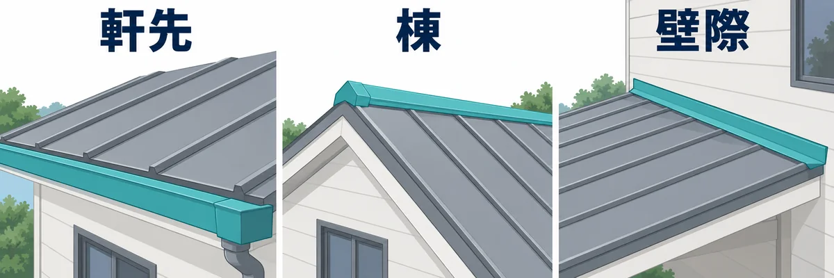 瓦棒葺き屋根の納まりを確認する軒先・棟・壁際の位置の例
