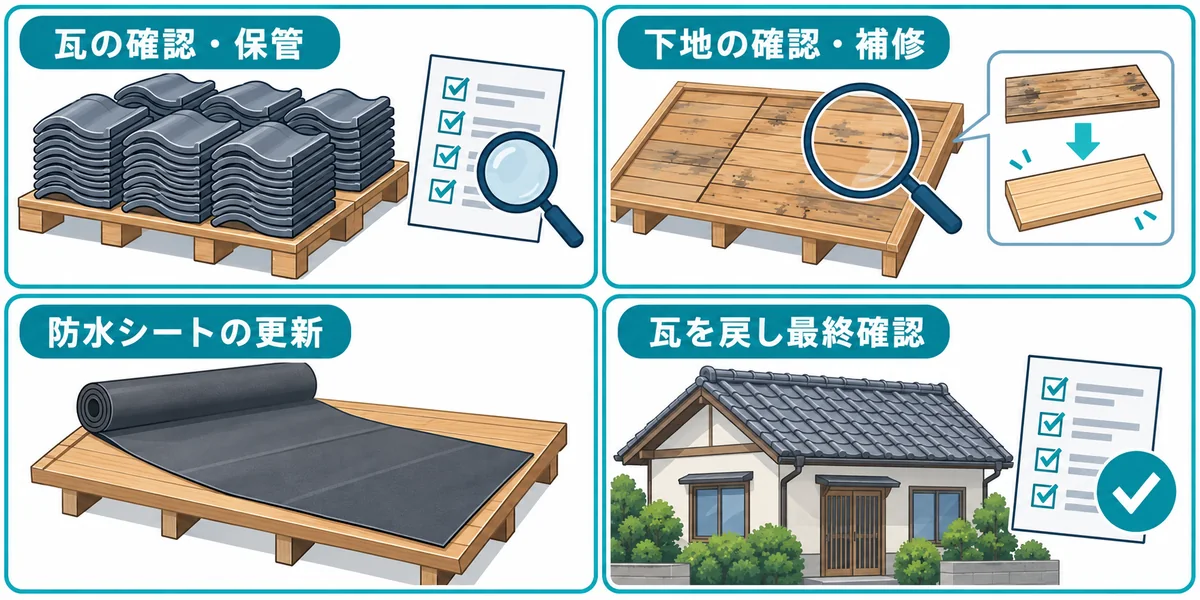 葺き直しで行う瓦の確認と保管・下地の確認と補修・防水シート更新・瓦再設置と最終確認
