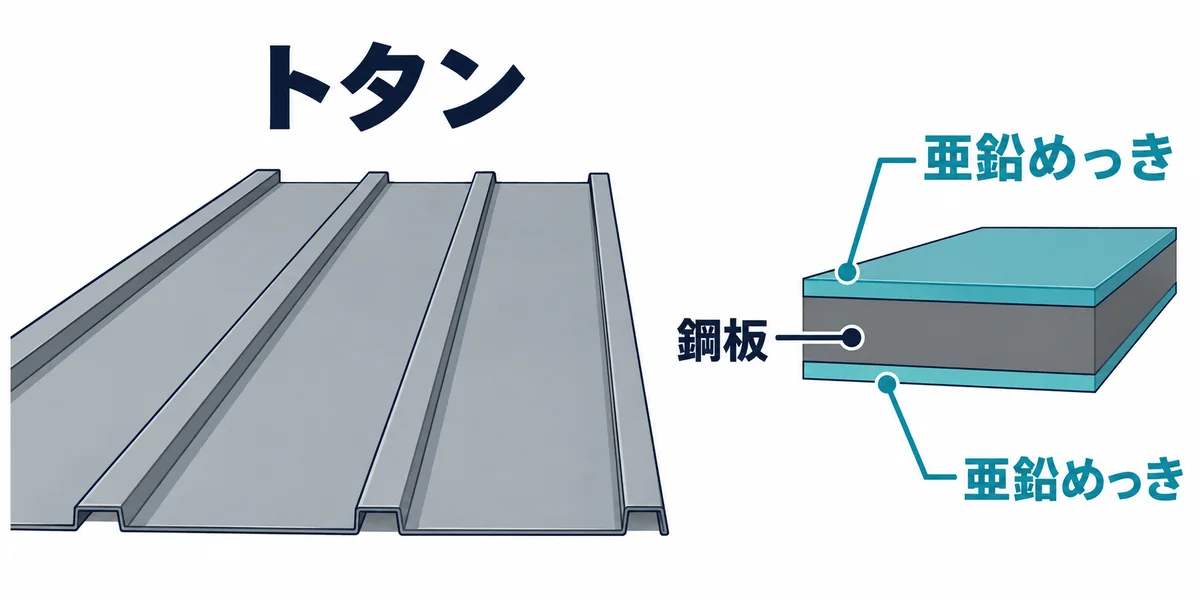 鋼板の両面に亜鉛めっきを施したトタンの概念図と屋根形状の一例