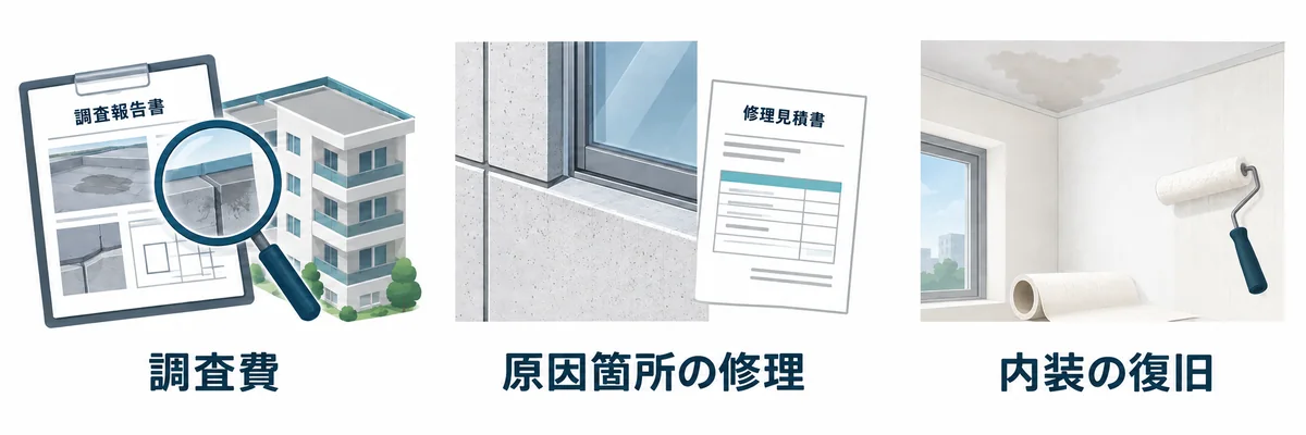 雨漏りの調査費、原因箇所の修理、内装の復旧という費用区分