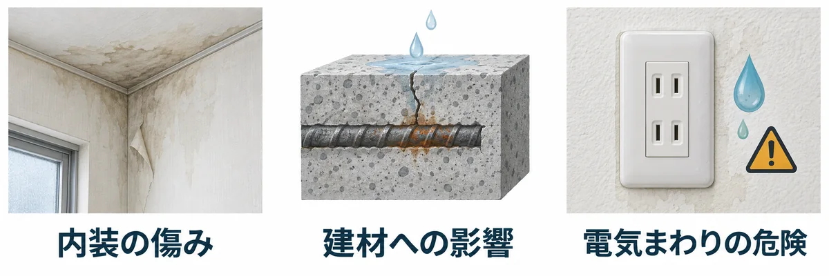 内装の傷み、建材への影響、電気まわりの危険のイメージ