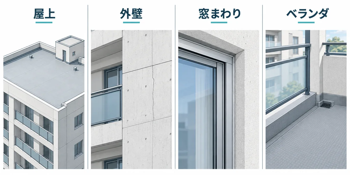 マンションの屋上、外壁、窓まわり、ベランダの確認箇所