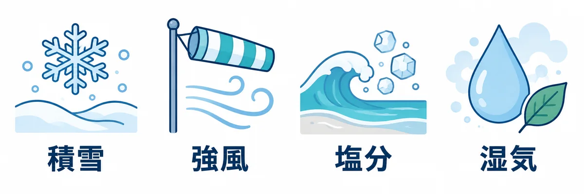 屋根計画で確認する地域条件の積雪・強風・塩分・湿気