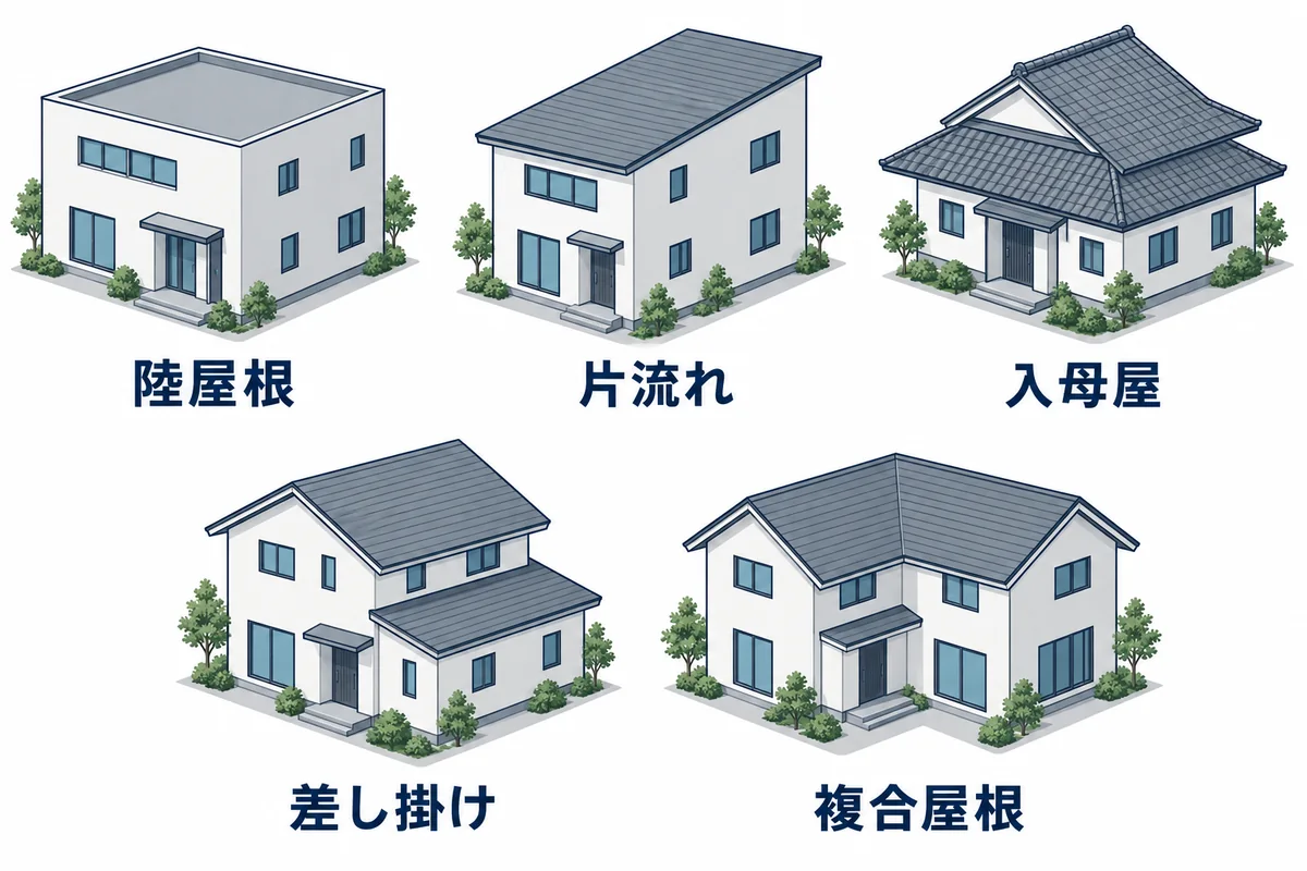 陸屋根・片流れ・入母屋・差し掛け・複合屋根の形状を示す模式例