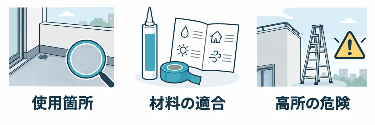 応急処置を考える際に確認する使用箇所、材料の適合、高所の危険