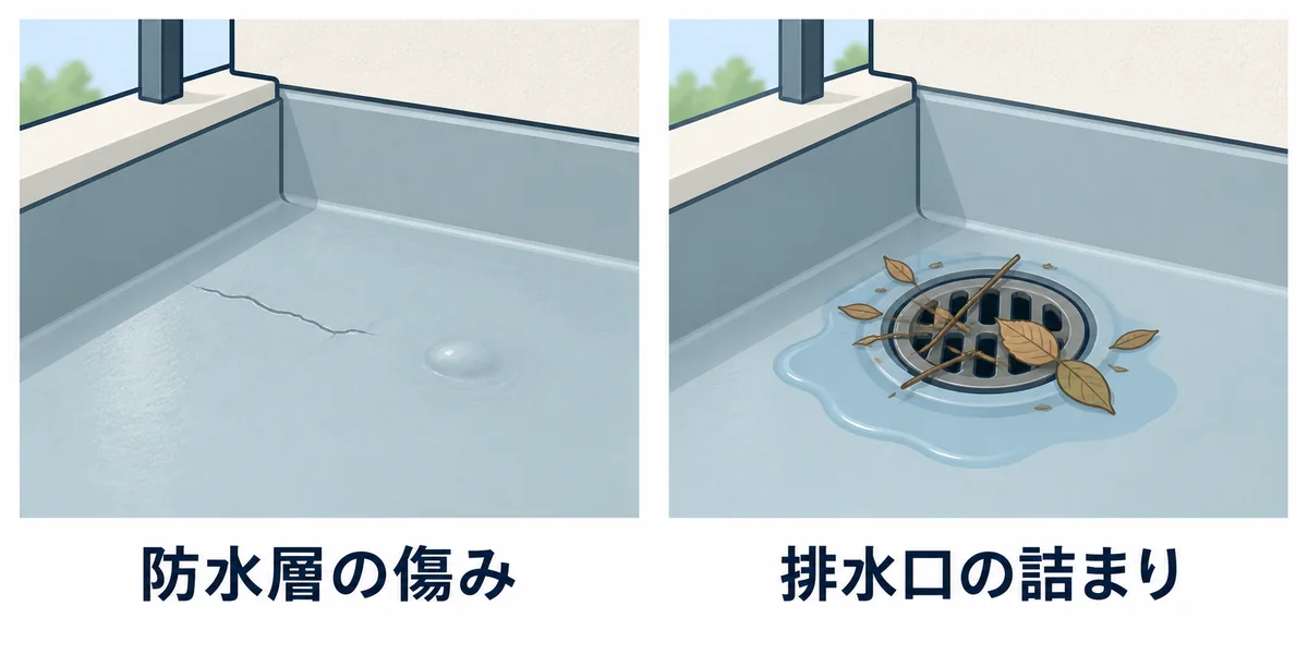 バルコニーで確認する防水層のひび割れや膨れと、排水口の詰まりの例