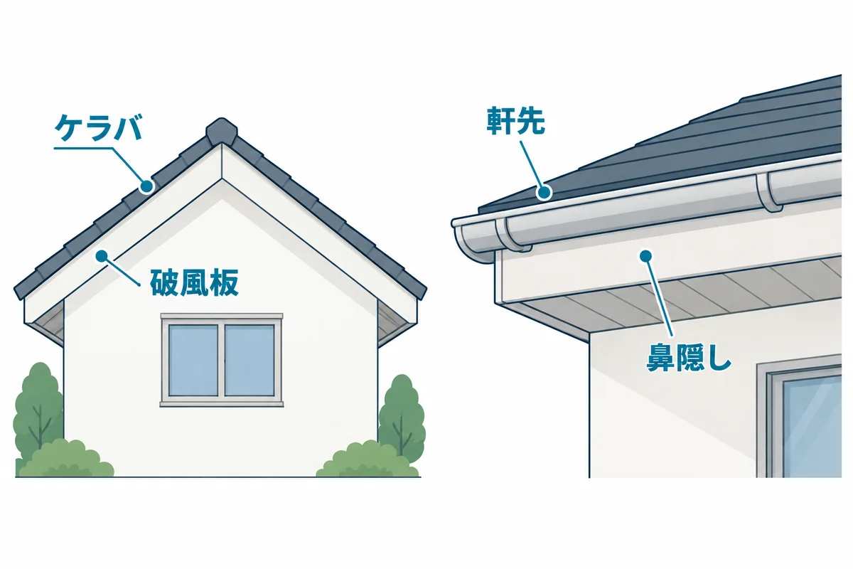 ケラバと破風板、軒先と鼻隠しの位置の違いを示す図