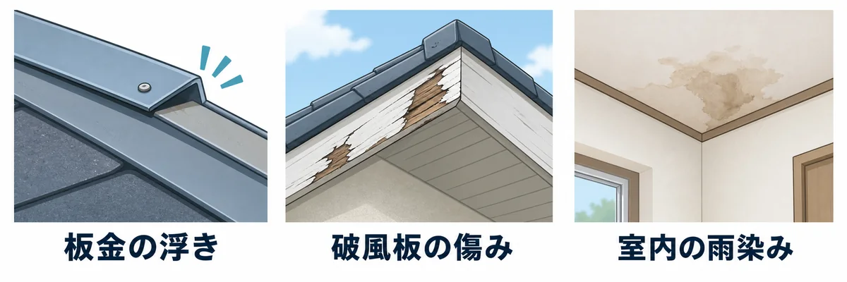 板金の浮き、破風板の傷み、室内の雨染みの例