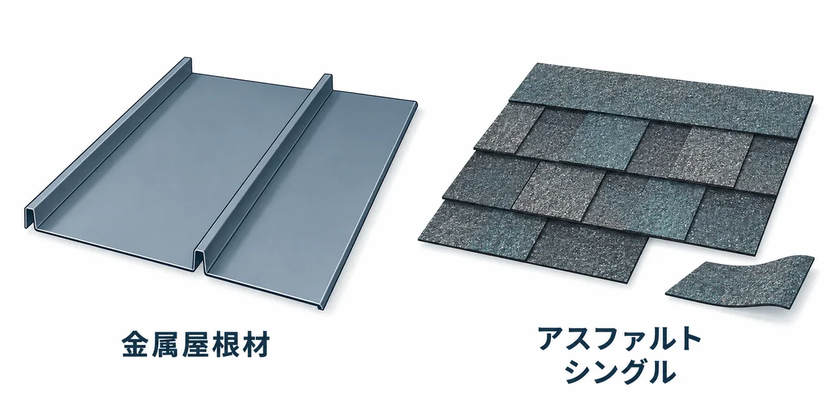 金属屋根材とアスファルトシングルの外観の例