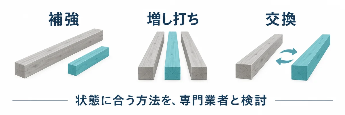 垂木の補強、増し打ち、交換という対処方法の選択肢