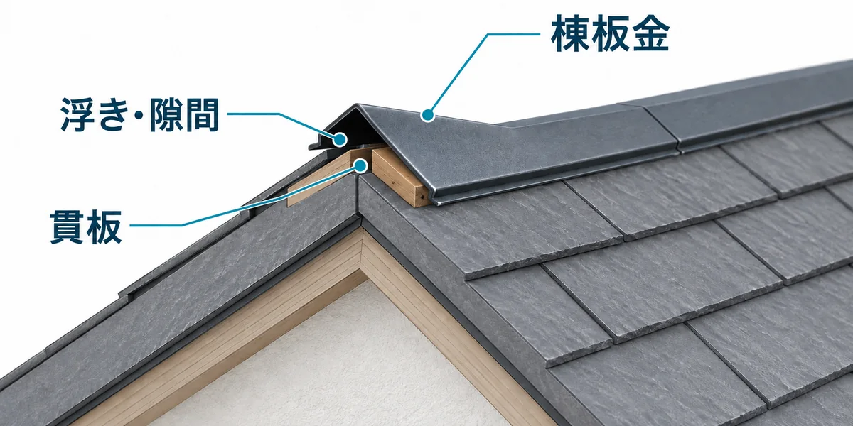 棟板金、下地の貫板、板金が浮いてできた隙間を示す模式図