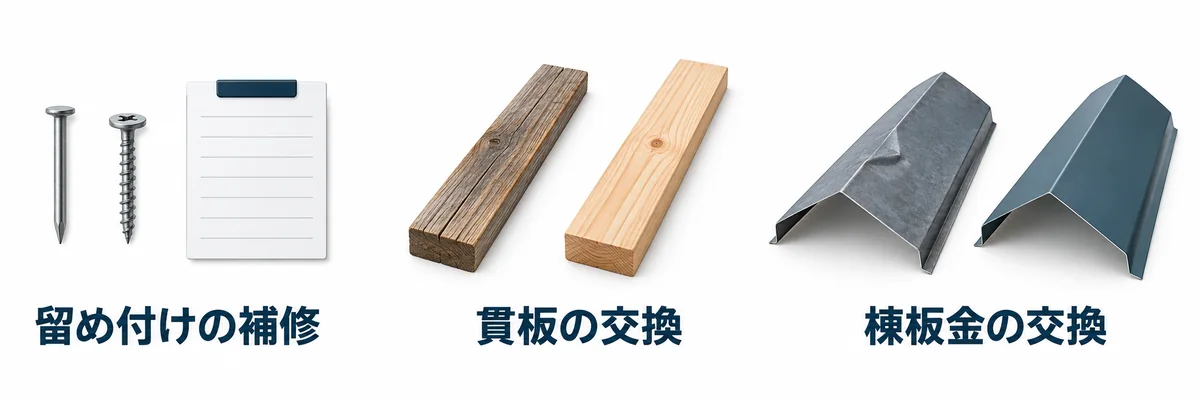 留め付けの補修、貫板の交換、棟板金の交換という補修範囲の違い