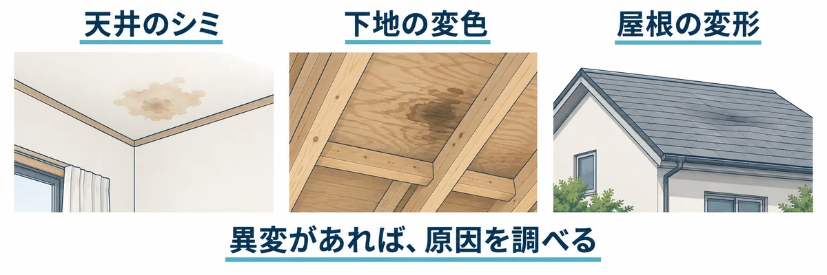 点検のきっかけになる天井のシミ、下地の変色、屋根の変形