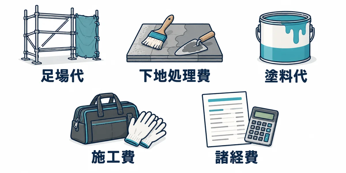 屋根塗装の費用を足場代・下地処理費・塗料代・施工費・諸経費に分けた図