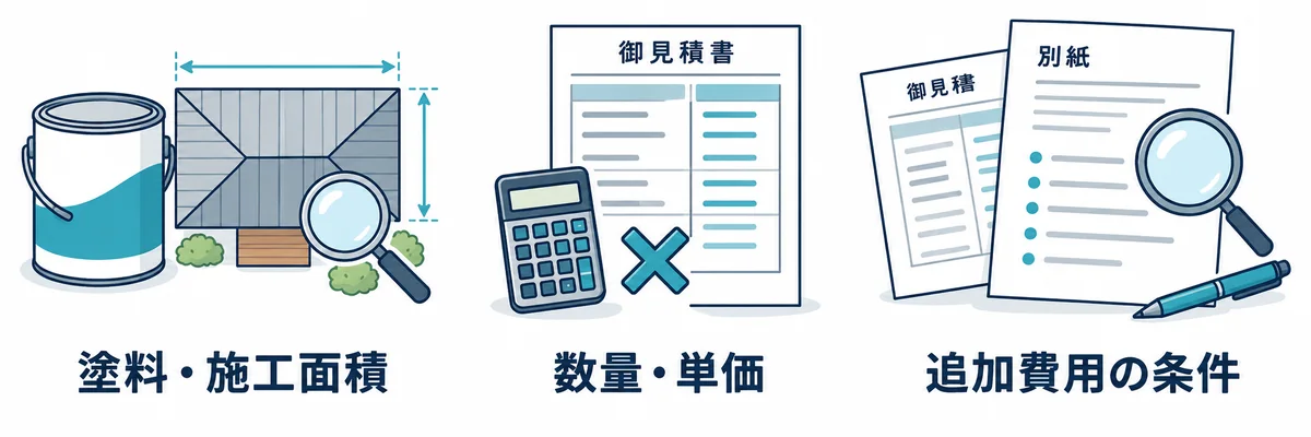 屋根塗装の見積書で確認する塗料と施工面積・数量と単価・追加費用の条件