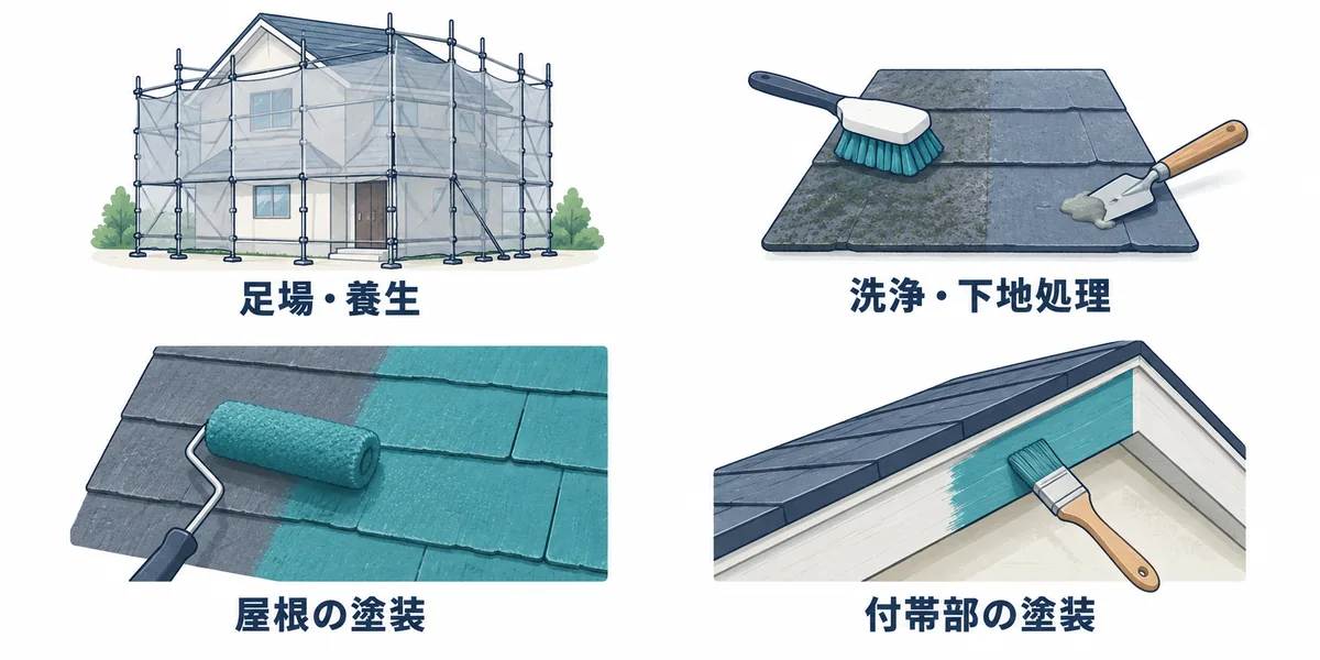 屋根塗装工事に含まれる足場と養生・洗浄と下地処理・屋根の塗装・付帯部の塗装