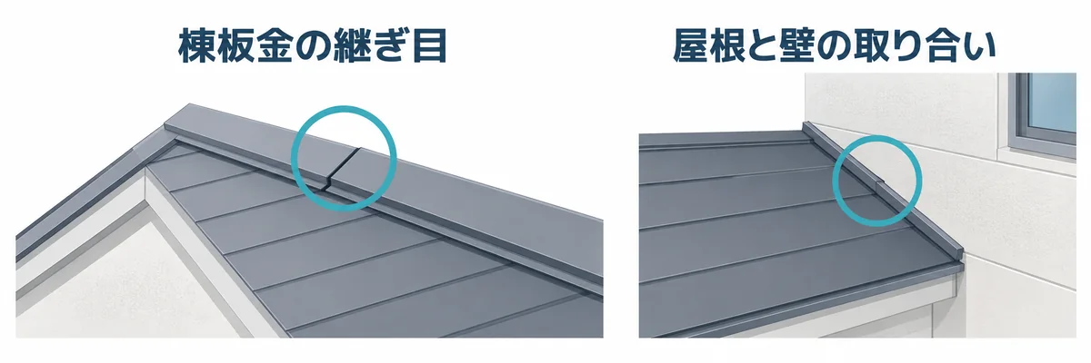 屋根の棟板金の継ぎ目と屋根と壁の取り合い部分の位置を示す図