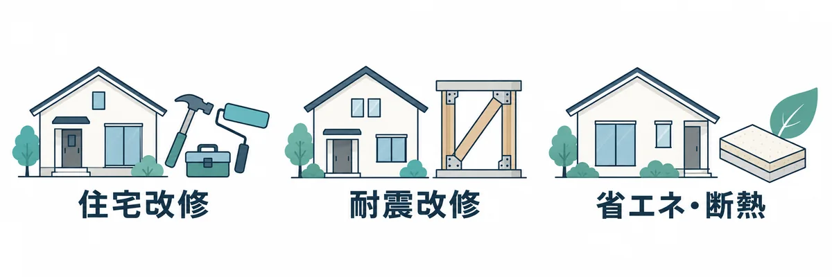 住宅改修、耐震改修、省エネと断熱という支援制度の目的の例