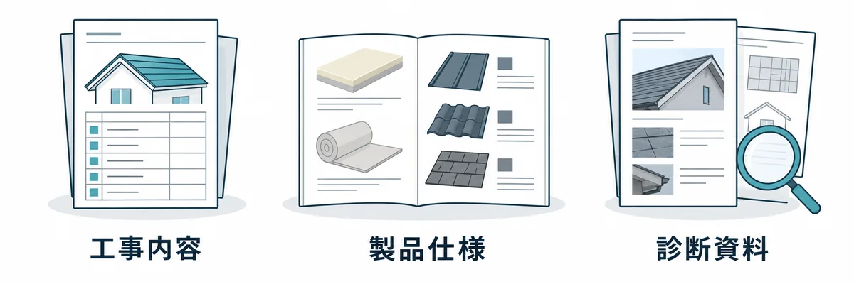 対象工事を調べるために整理する工事内容、製品仕様、診断資料
