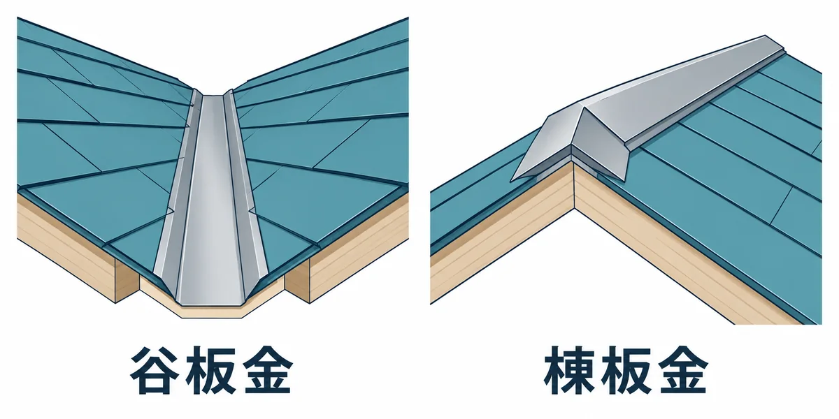 屋根面が内側へ下がる谷部分の谷板金と、頂部を覆う棟板金の位置を比べた図