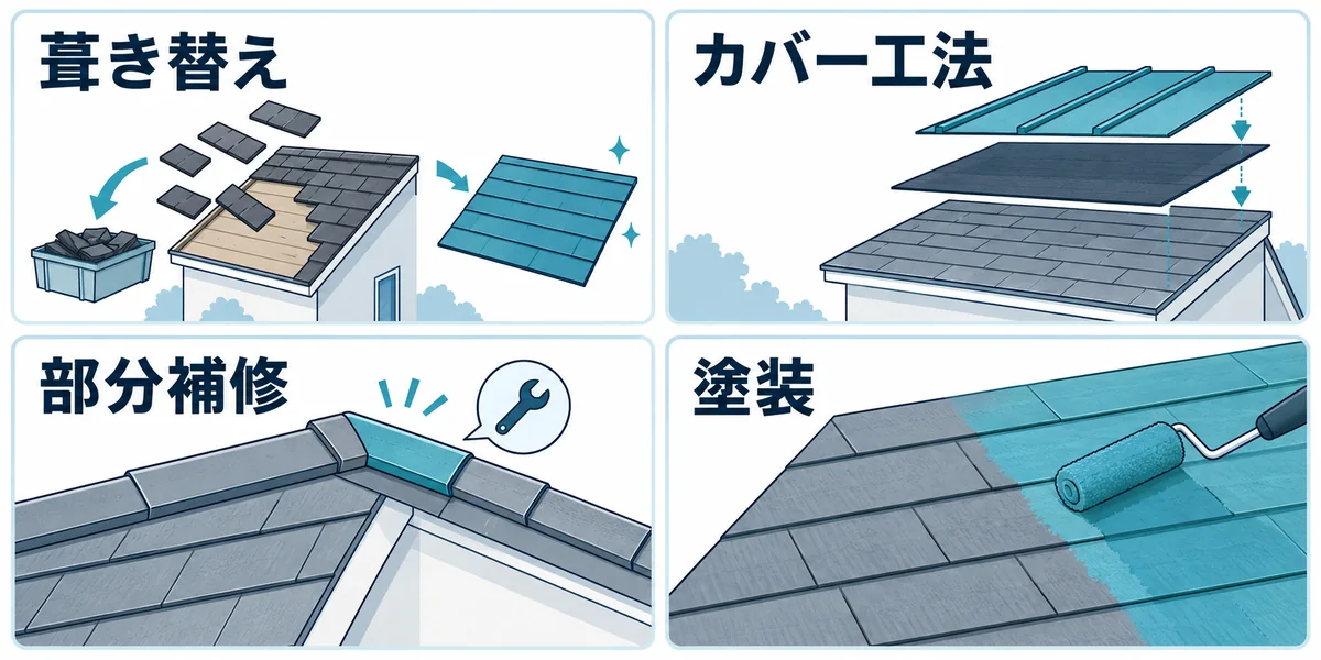 屋根工事の葺き替え、カバー工法、部分補修、塗装の違いを示した図