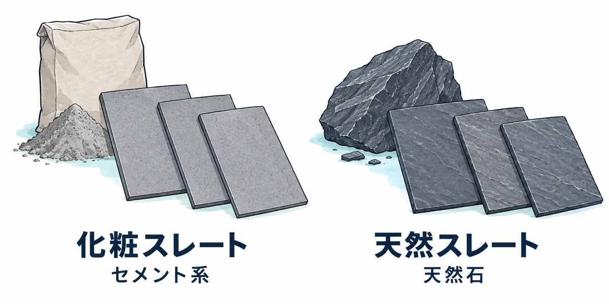 セメント系の化粧スレートと天然石の天然スレートの材料区分を示した図