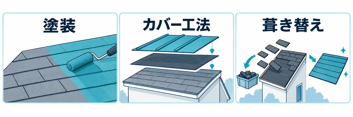 スレート屋根の塗装・カバー工法・葺き替えの違いを示した概念図