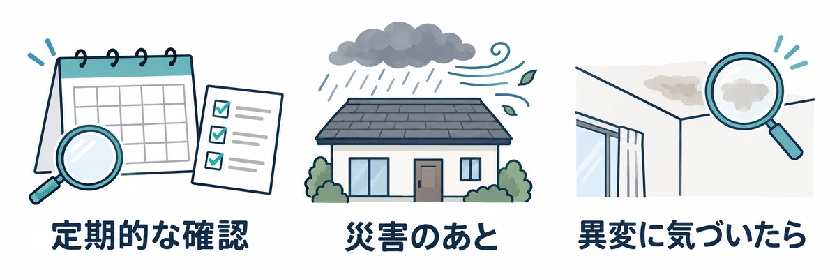 定期的な確認・災害のあと・異変に気づいたときに屋根の点検を考える図