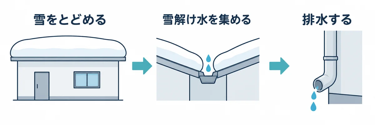 屋根に雪をとどめ、雪解け水を集めて排水する無落雪屋根の考え方