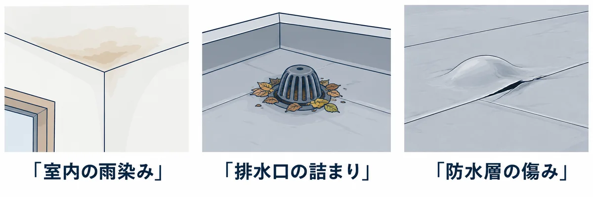室内の雨染み・排水口の詰まり・防水層の傷みの例