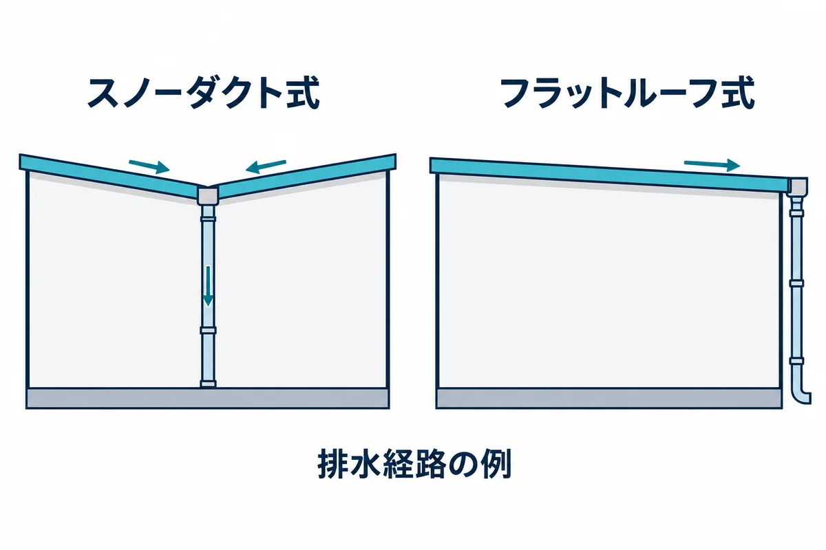 スノーダクト式の中央集水とフラットルーフ式の外周排水の例を比較した模式図