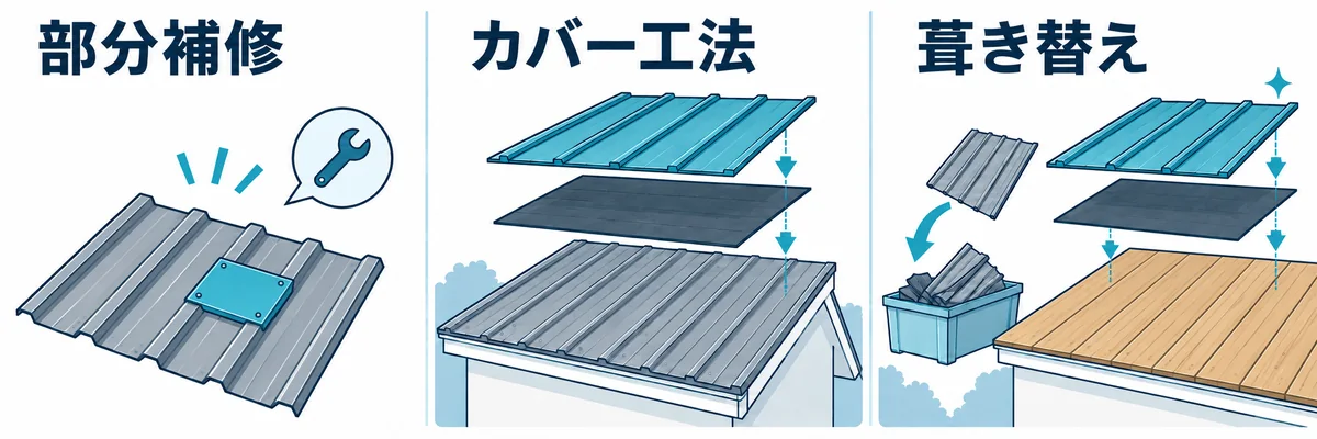 金属屋根の部分補修・既存屋根を残すカバー工法・既存屋根を撤去する葺き替えの概念図