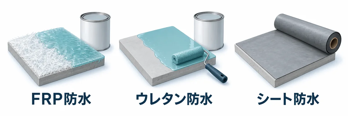 ガラス繊維と樹脂によるFRP防水、液状材料を用いるウレタン防水、シート防水の材料の違い