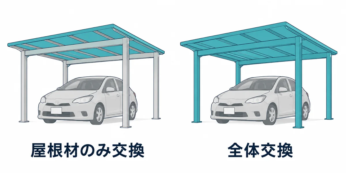 屋根材のみ交換する場合と柱や梁も含めて全体交換する場合の範囲の比較