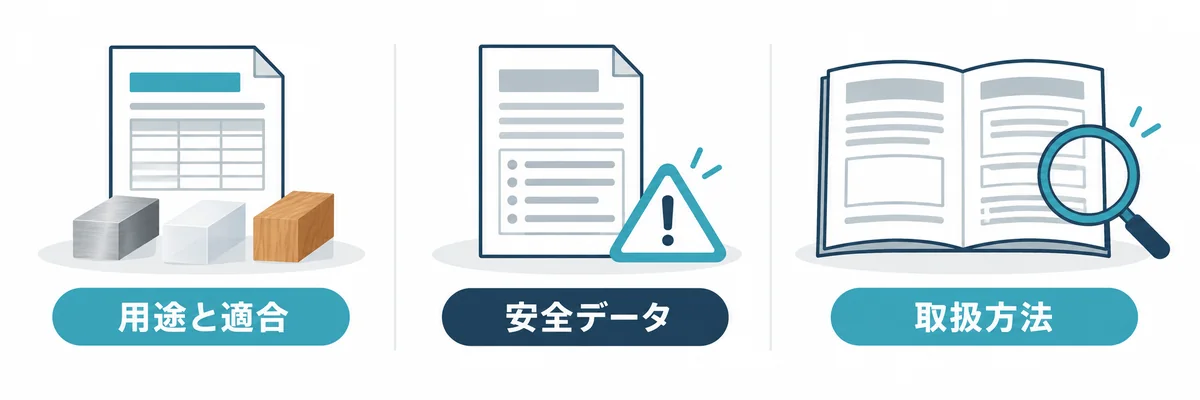 化学製品について確認する用途と適合・安全データ・取扱方法の情報