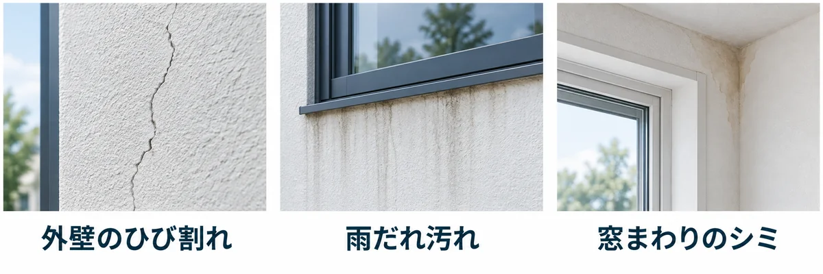 外壁のひび割れ、雨だれ汚れ、窓まわりのシミの例