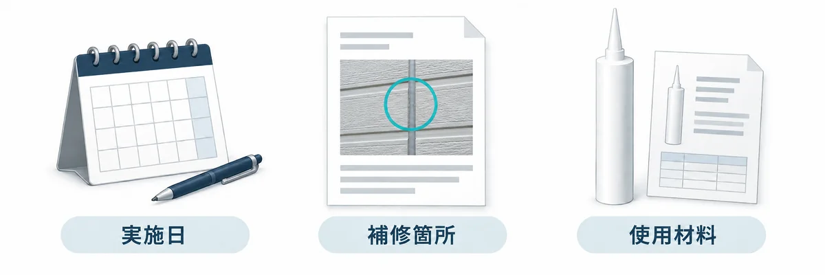 外壁補修の実施日、補修箇所、使用材料を記録して保管するイメージ