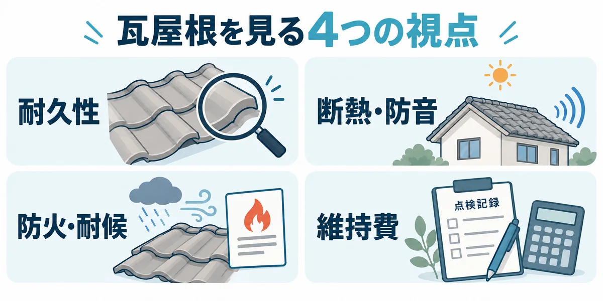 瓦屋根を耐久性・断熱と防音・防火と耐候・維持費の4つの視点から見る図
