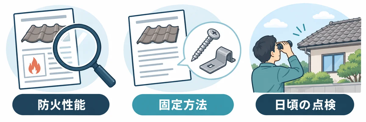屋根の防火性能・瓦の固定方法・日頃の点検を確認する図