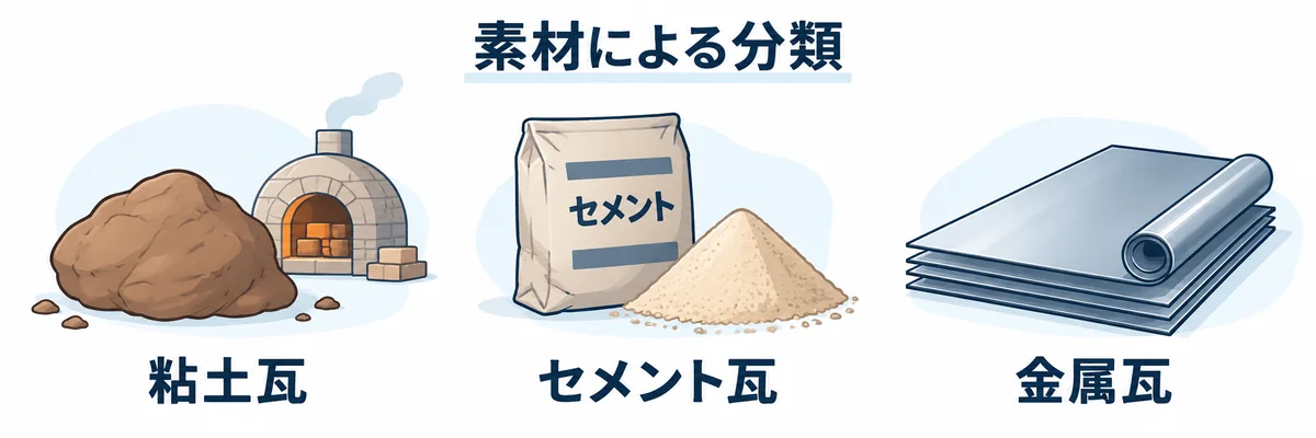 粘土・セメントと砂・金属という素材の違いで瓦を分類する概念図