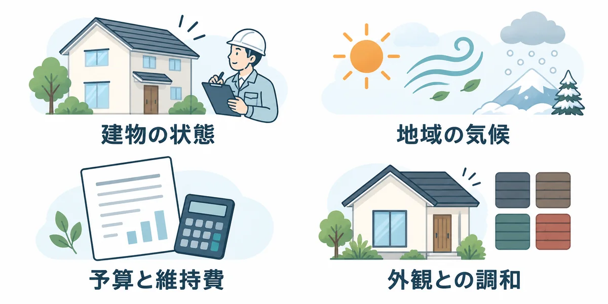 瓦を選ぶときに考える建物の状態・地域の気候・予算と維持費・外観との調和