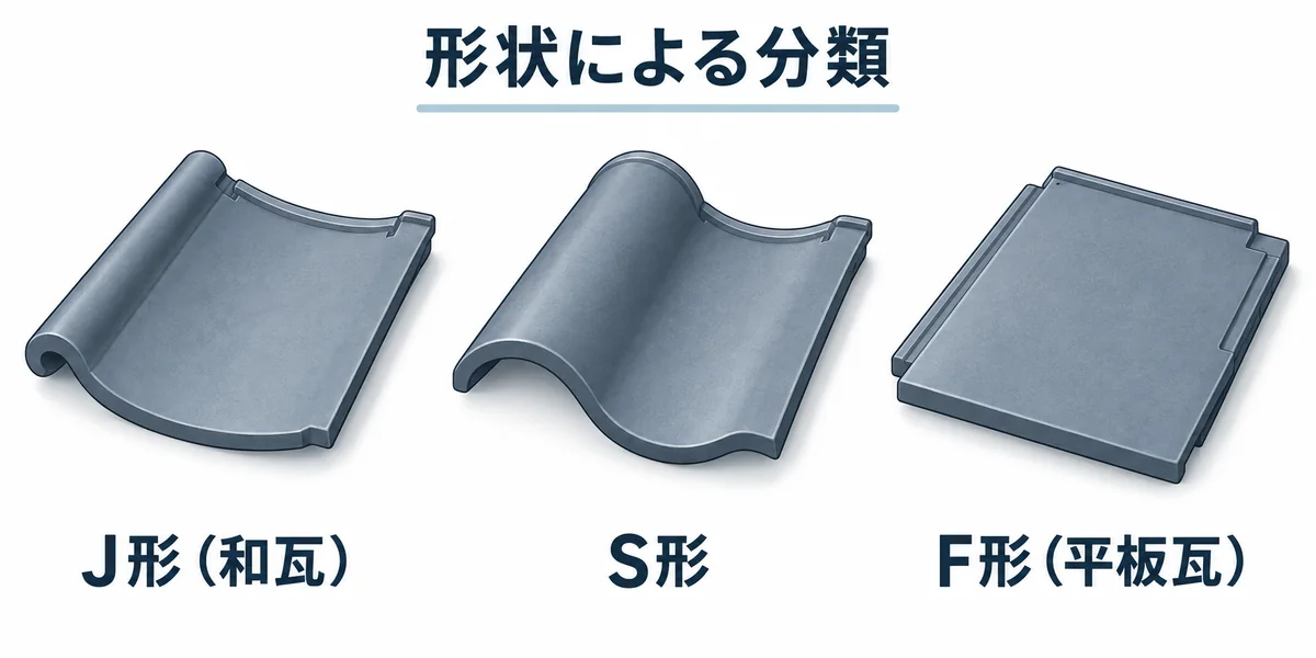 素材や色をそろえてJ形・S形・F形の形状の違いを比較した模式図