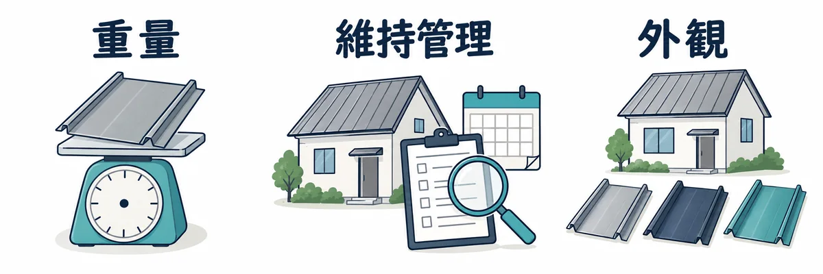 金属屋根の特性を重量・維持管理・外観から確認する図