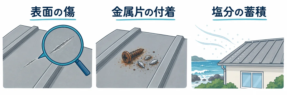 金属屋根のサビに関わる表面の傷・金属片の付着・塩分の蓄積の例