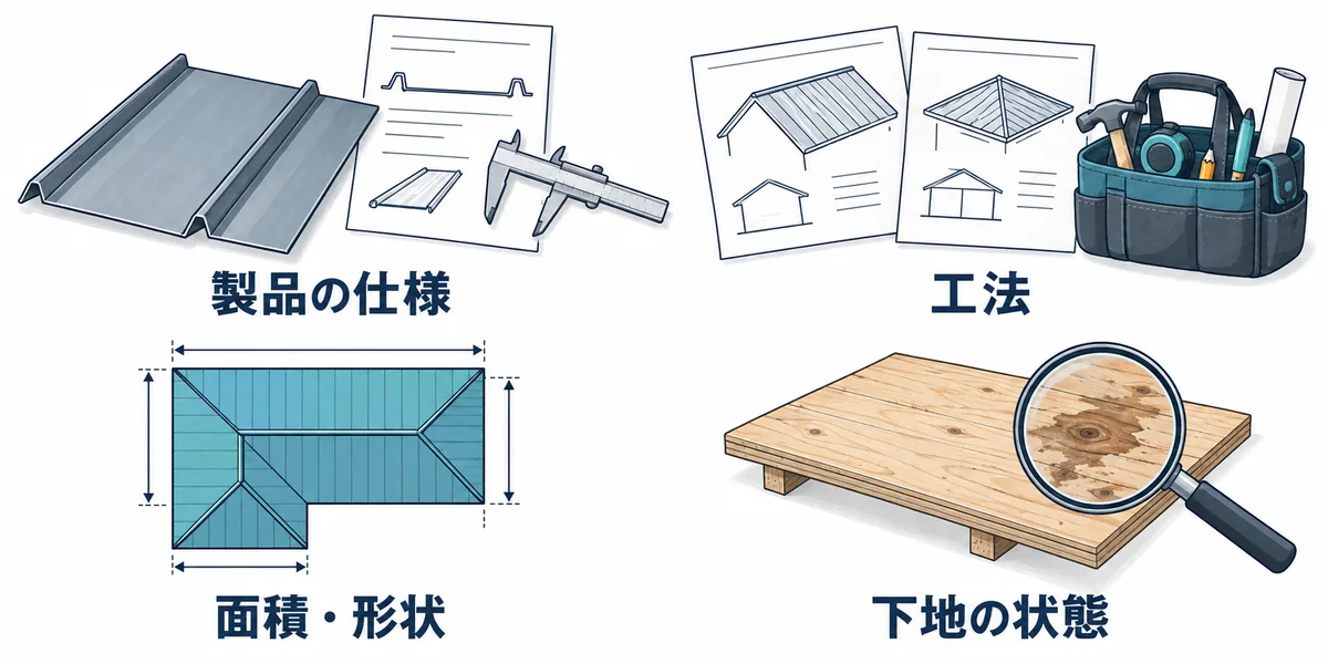 金属屋根の費用に関わる製品の仕様・工法・面積と形状・下地の状態
