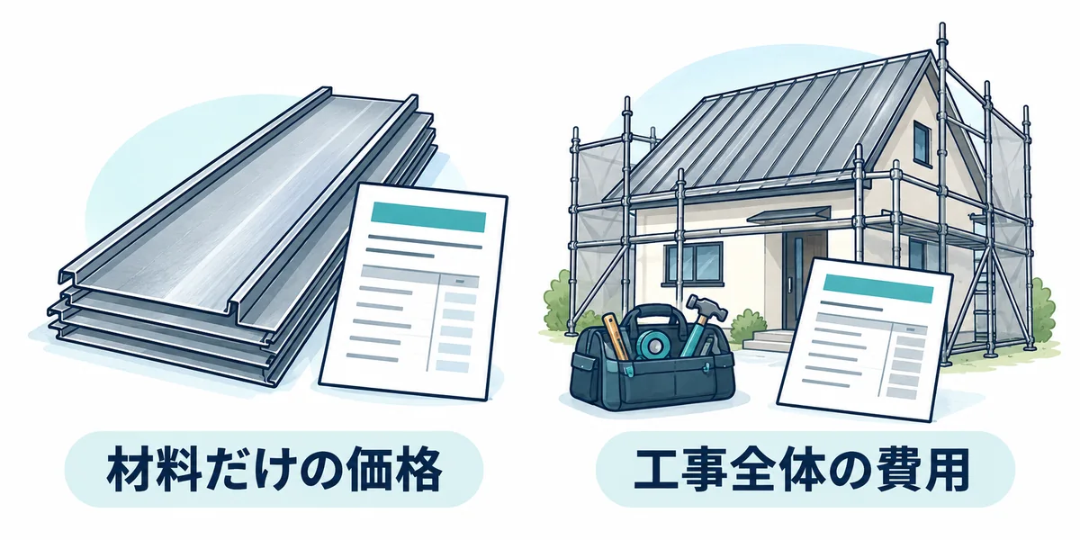 金属屋根の材料だけの価格と、施工などを含む工事全体の費用を分けて示した図