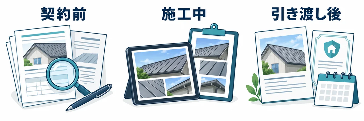 屋根工事の契約前・施工中・引き渡し後に書類や写真を確認する3つの段階