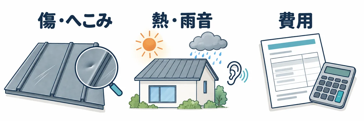 金属屋根の採用前に確認する傷とへこみ・熱と雨音・費用の例