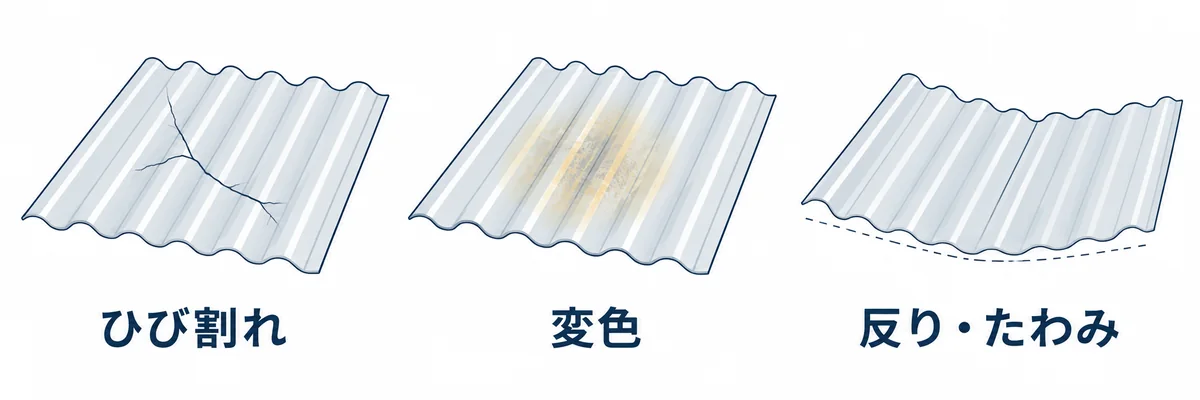 波板に見られるひび割れ・変色・反りやたわみの例